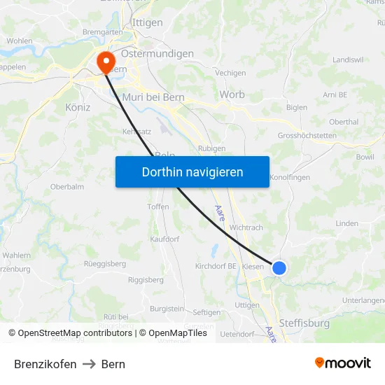 Brenzikofen to Bern map