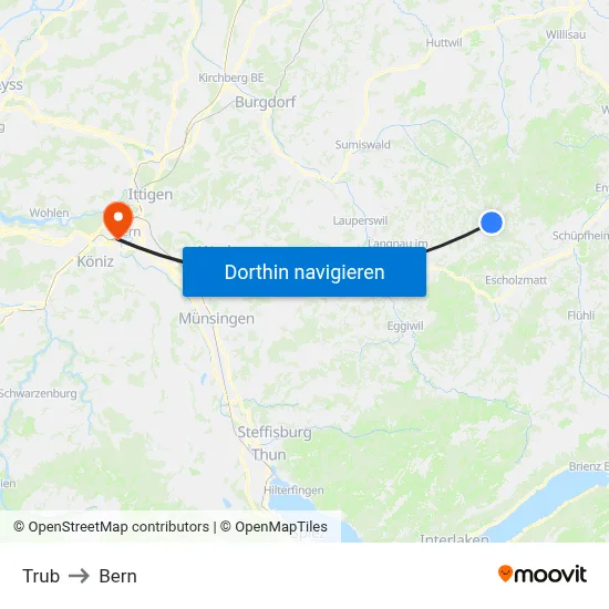 Trub to Bern map