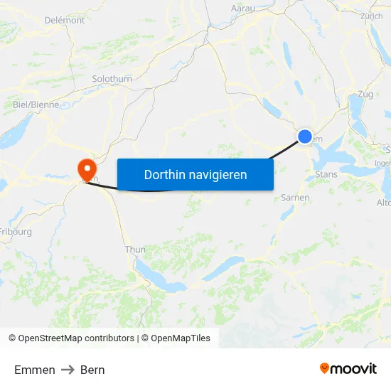 Emmen to Bern map
