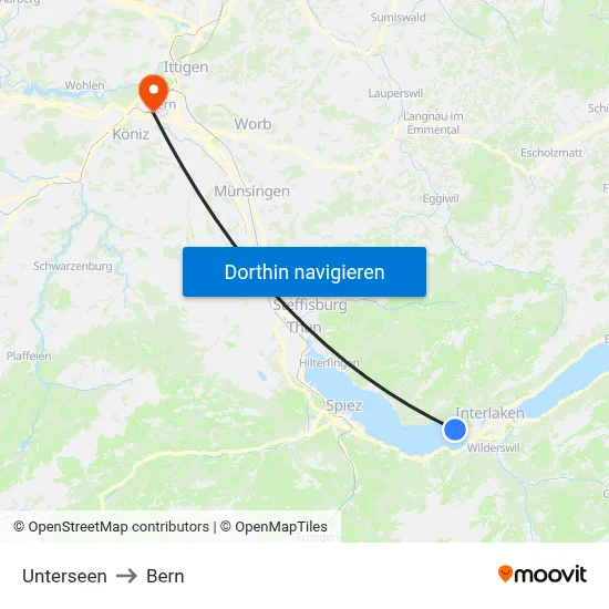 Unterseen to Bern map