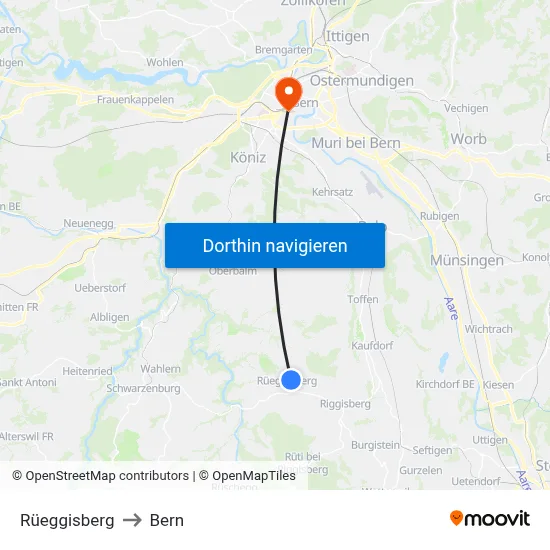 Rüeggisberg to Bern map