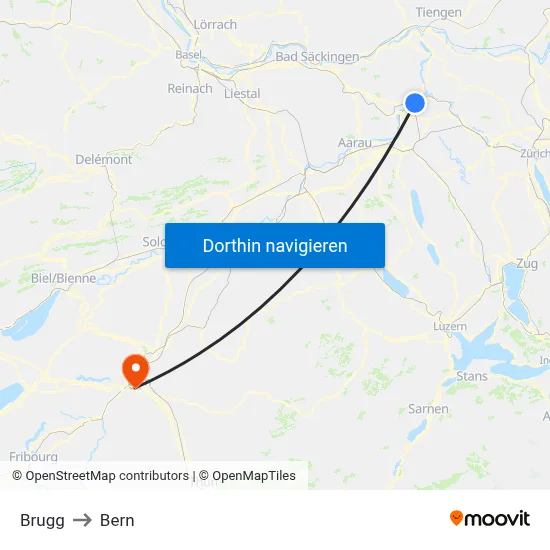 Brugg to Bern map