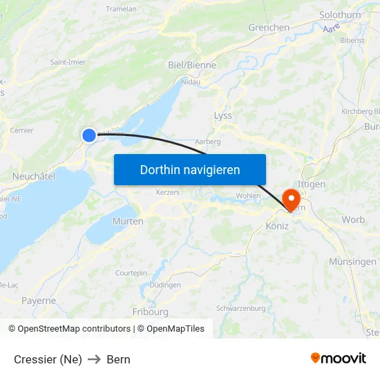 Cressier (Ne) to Bern map
