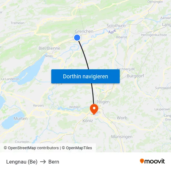 Lengnau (Be) to Bern map