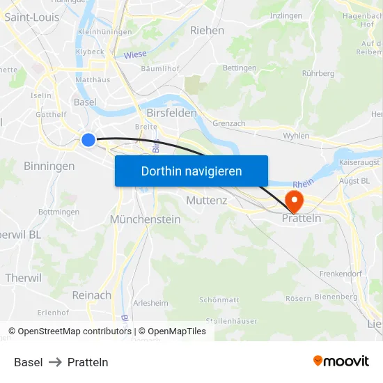 Basel to Pratteln map