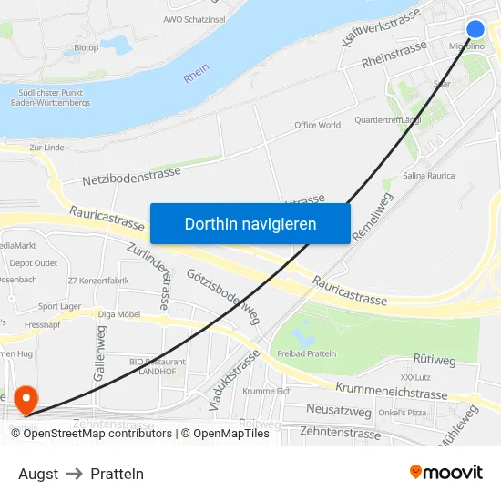Augst to Pratteln map