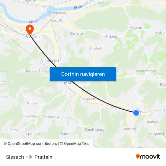 Sissach to Pratteln map