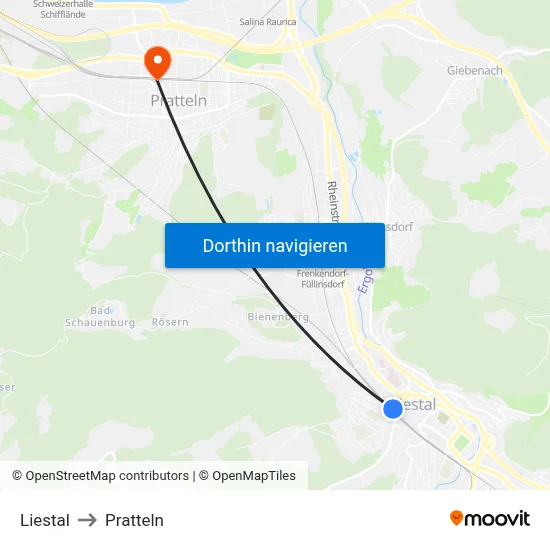 Liestal to Pratteln map