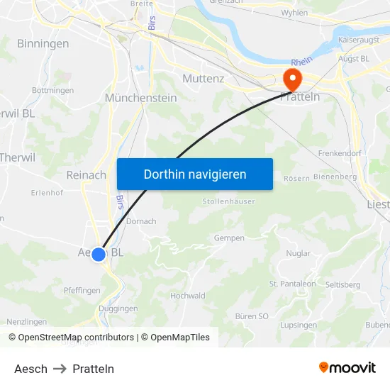 Aesch to Pratteln map