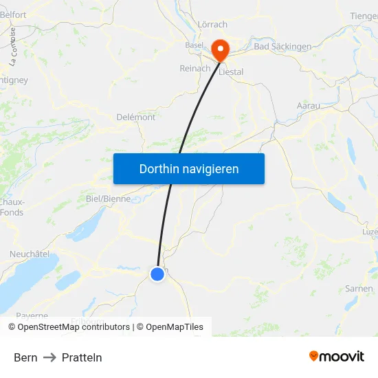 Bern to Pratteln map