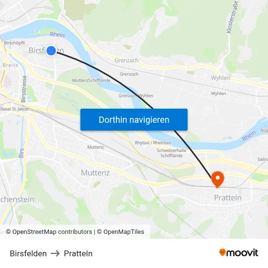 Birsfelden to Pratteln map