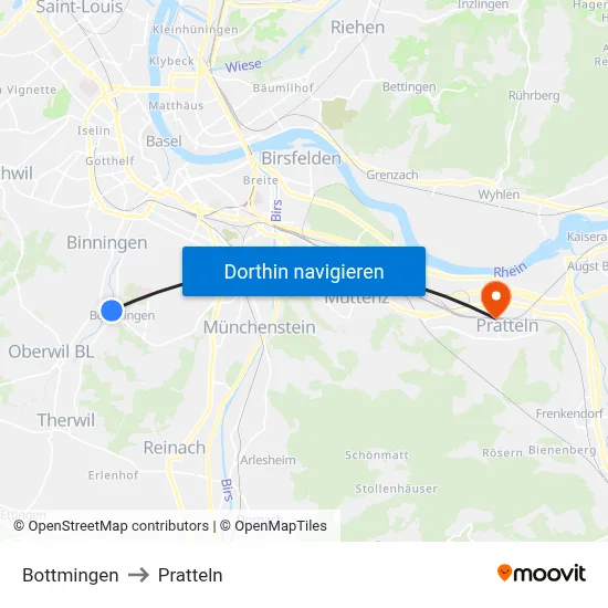 Bottmingen to Pratteln map