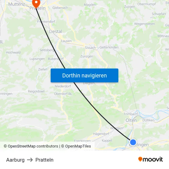Aarburg to Pratteln map