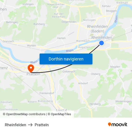 Rheinfelden to Pratteln map