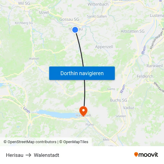 Herisau to Walenstadt map