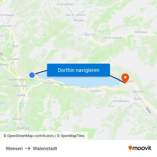 Weesen to Walenstadt map