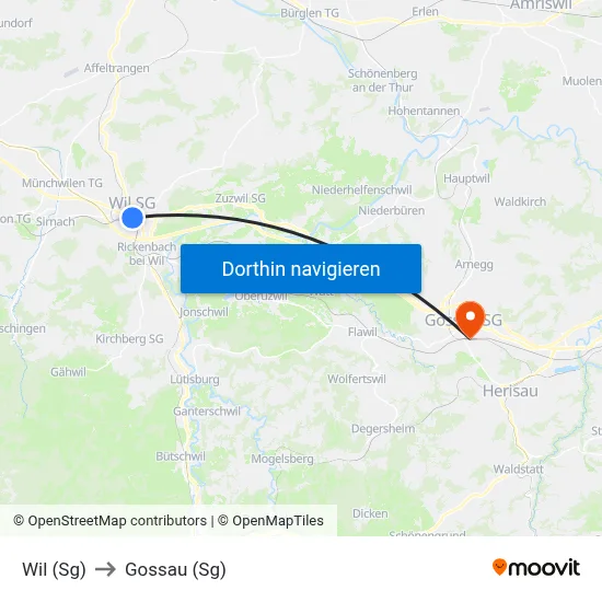 Wil (Sg) to Gossau (Sg) map