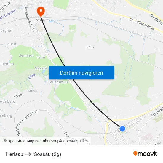 Herisau to Gossau (Sg) map
