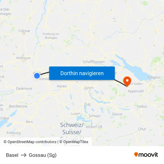 Basel to Gossau (Sg) map