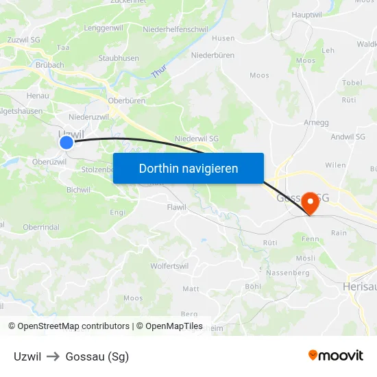 Uzwil to Gossau (Sg) map