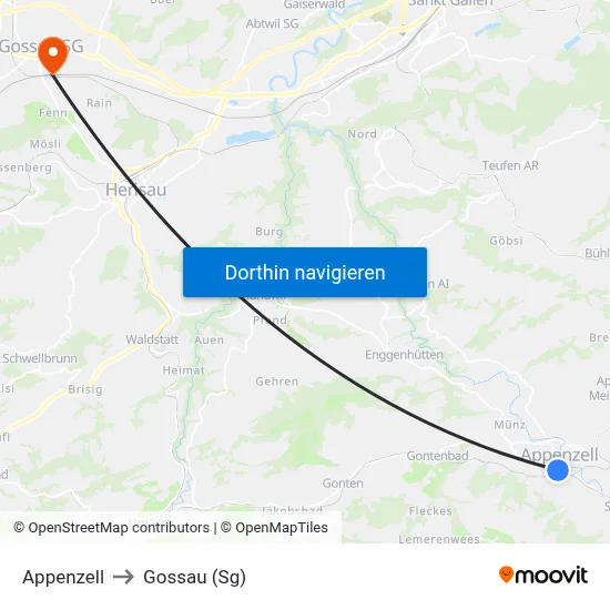 Appenzell to Gossau (Sg) map