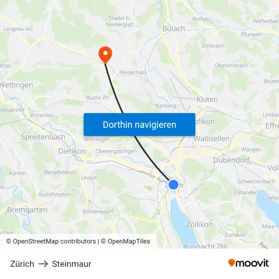 Zürich to Steinmaur map