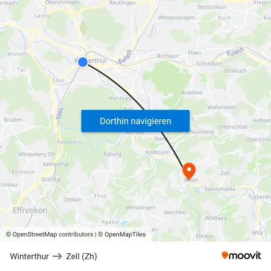 Winterthur to Zell (Zh) map