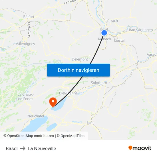 Basel to La Neuveville map