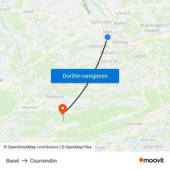 Basel to Courrendlin map