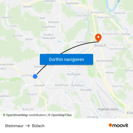 Steinmaur to Bülach map