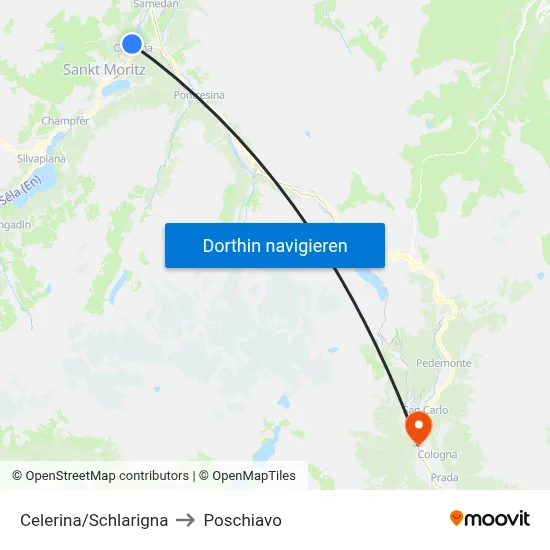 Celerina/Schlarigna to Poschiavo map