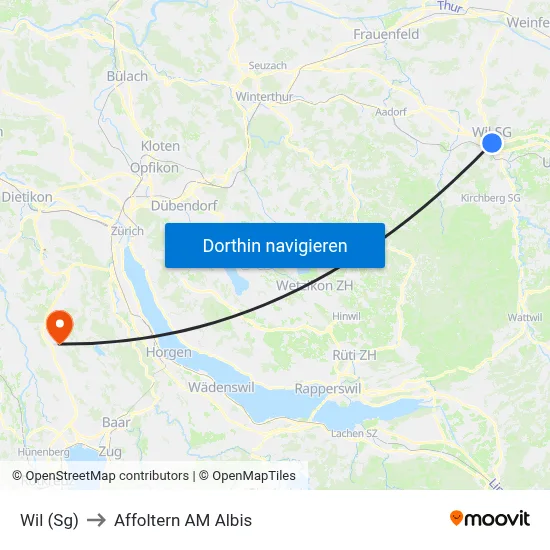Wil (Sg) to Affoltern AM Albis map