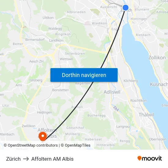 Zürich to Affoltern AM Albis map