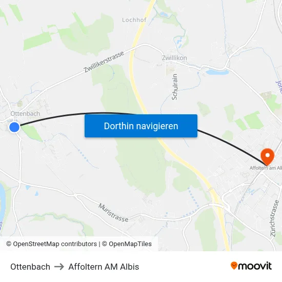 Ottenbach to Affoltern AM Albis map