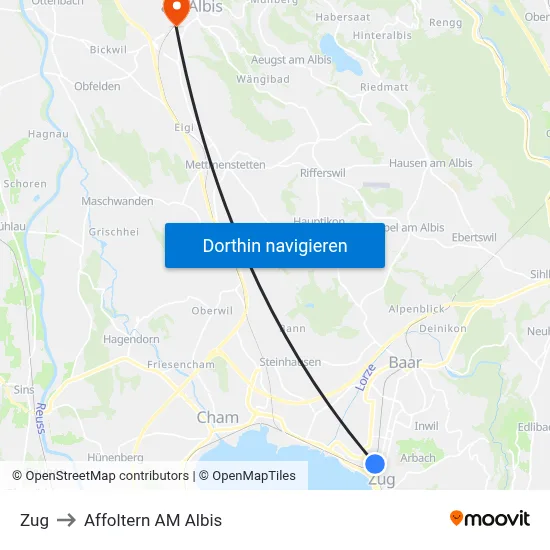 Zug to Affoltern AM Albis map