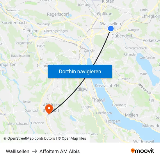 Wallisellen to Affoltern AM Albis map