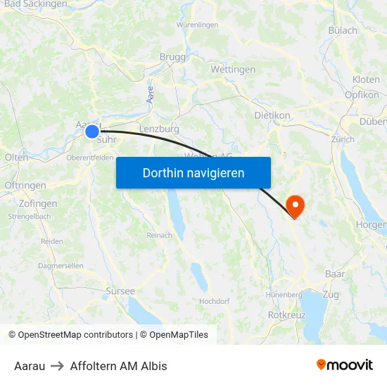 Aarau to Affoltern AM Albis map