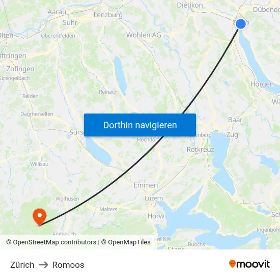 Zürich to Romoos map