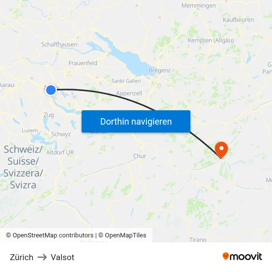 Zürich to Valsot map