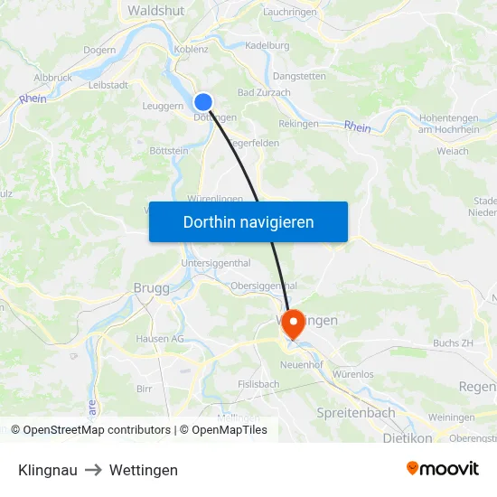 Klingnau to Wettingen map