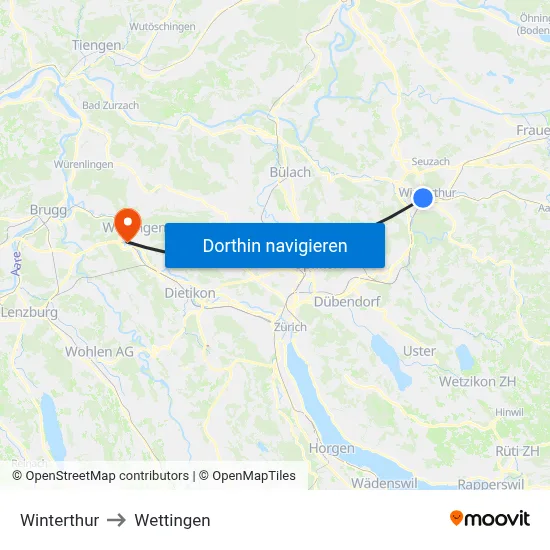 Winterthur to Wettingen map