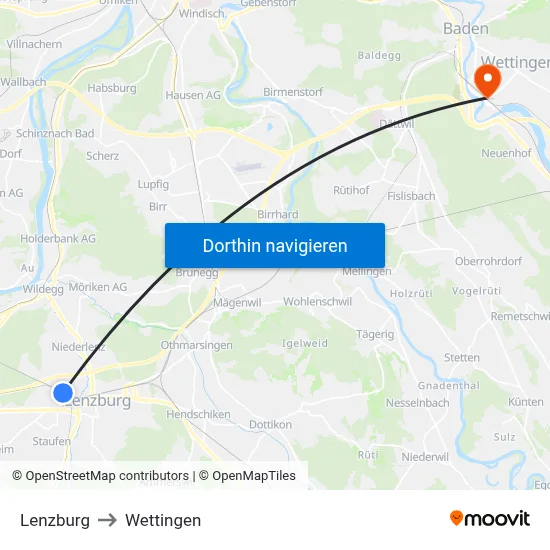 Lenzburg to Wettingen map