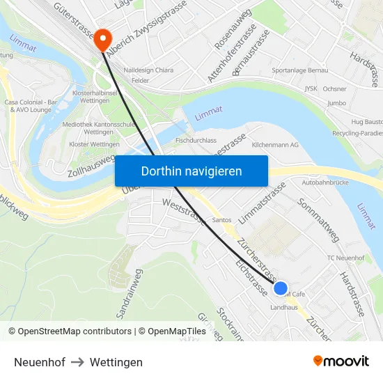 Neuenhof to Wettingen map