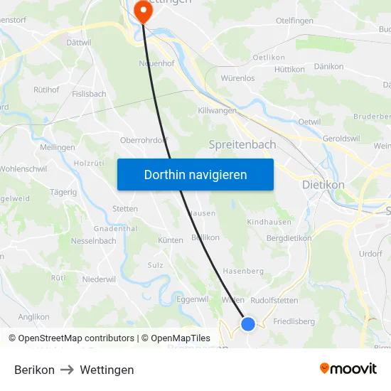 Berikon to Wettingen map