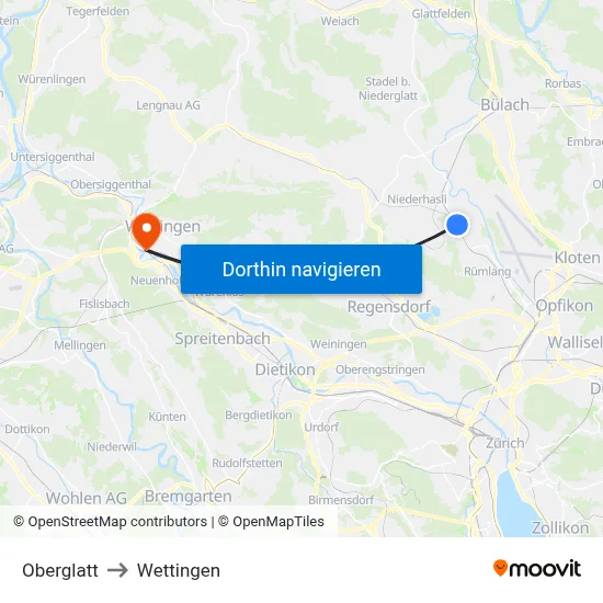 Oberglatt to Wettingen map
