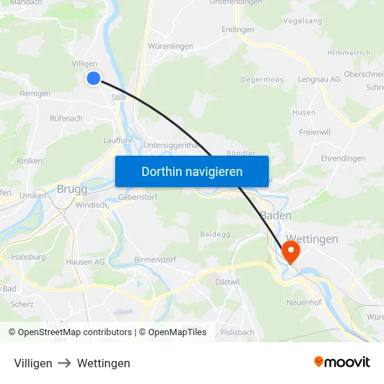 Villigen to Wettingen map