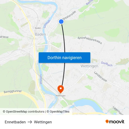 Ennetbaden to Wettingen map
