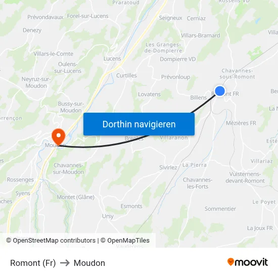 Romont (Fr) to Moudon map