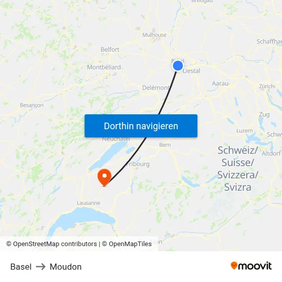 Basel to Moudon map