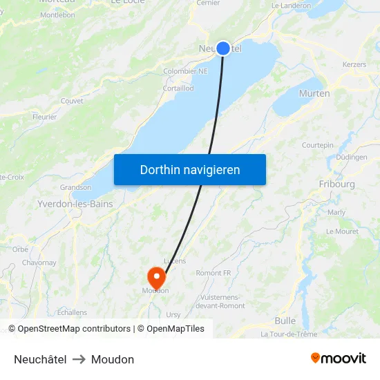 Neuchâtel to Moudon map